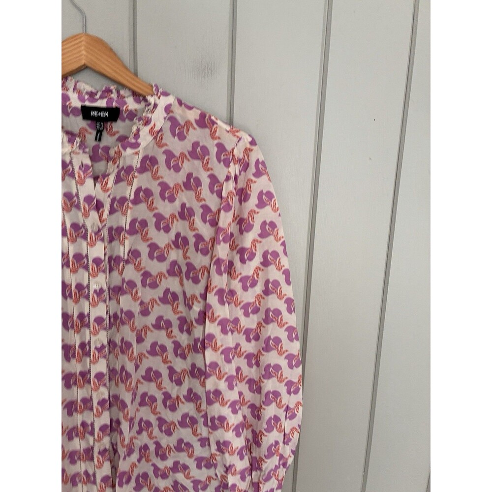 ME+EM Birds of Paradise Blouse 8 Purple White Silk Cotton Blend Button Front - Picture 3 of 7